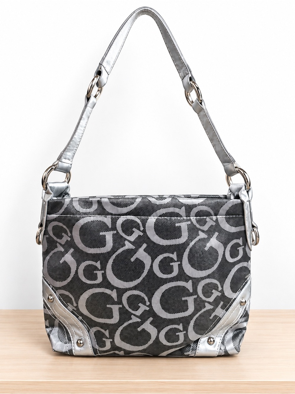 Silver & Gray Monogram Shoulder Bag - Designer-Inspired Women’s Handbag